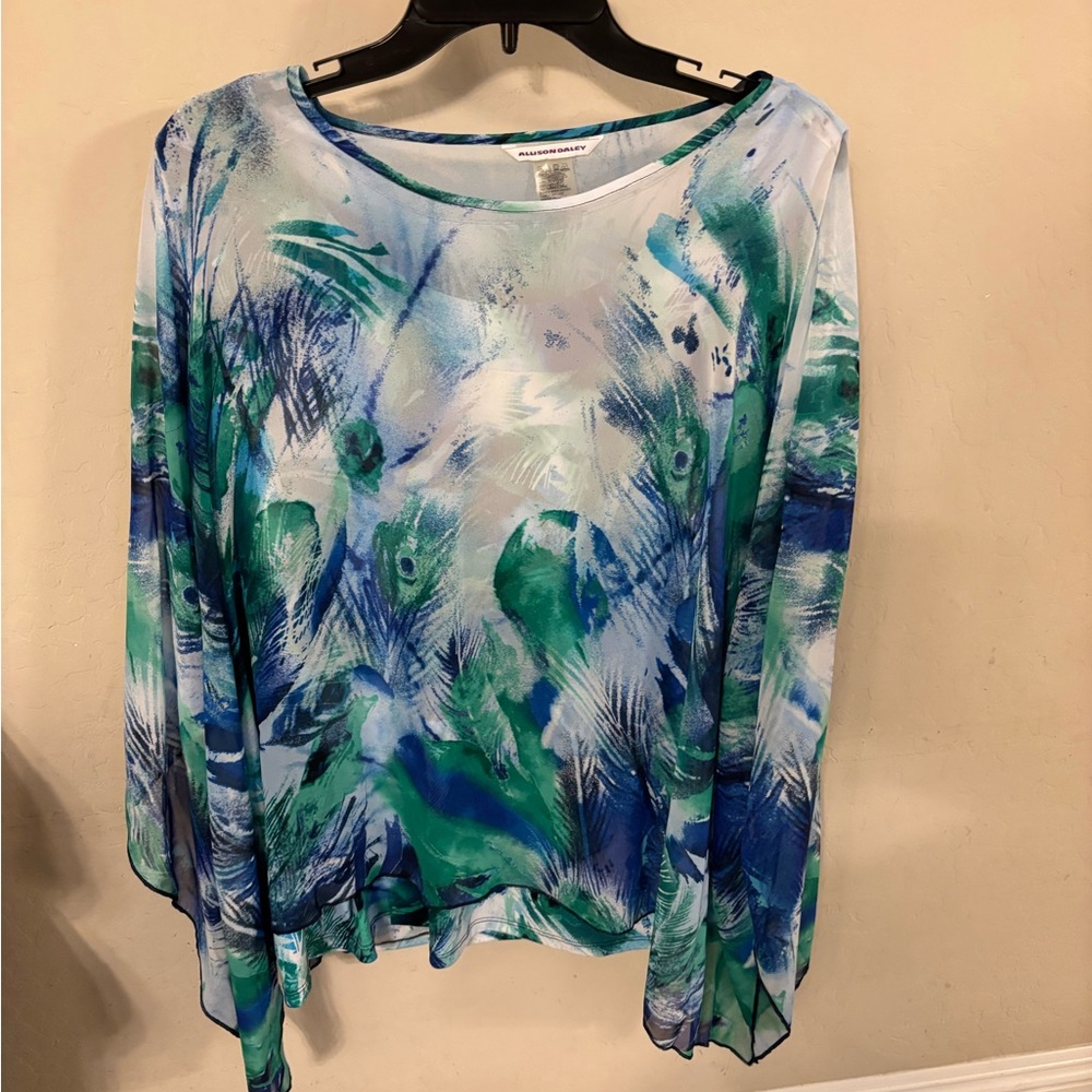 Allison Daley Blue and Green Sheer Long-Sleeve Printed Top